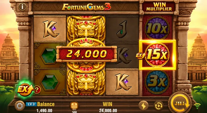 Fortune Gems 3 Philippines slot screen with 15x multiplier and 24,000 win amount