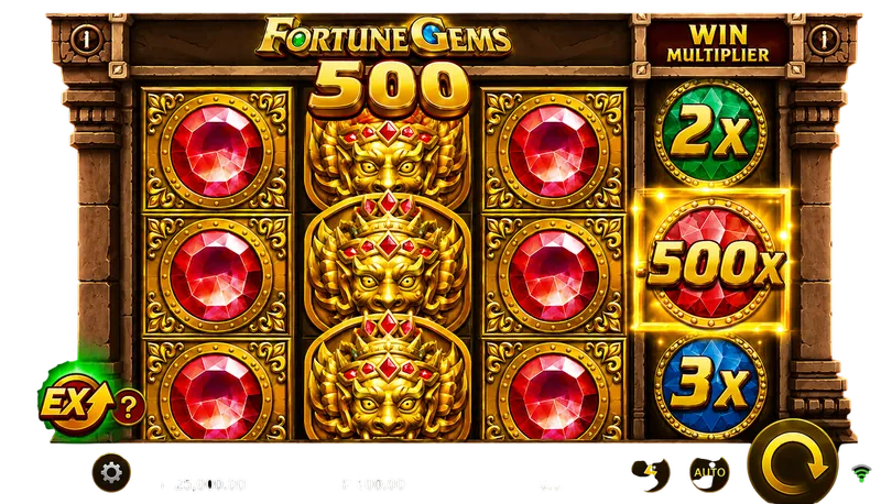 Fortune Gems 500 Philippines slot screen with 500x win multiplier and red gem symbols