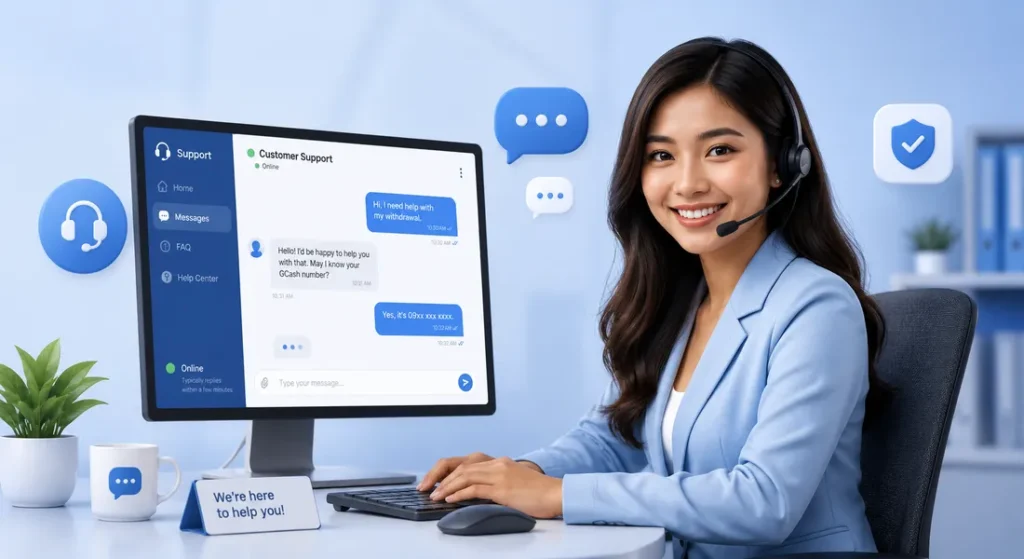 Filipina customer support agent with a headset sitting at a computer and helping online casino players with withdrawal questions