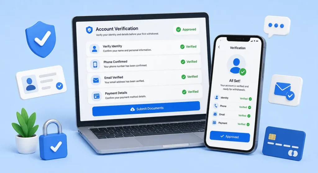 Account verification screen showing identity, phone, email and payment checks before an online casino withdrawal