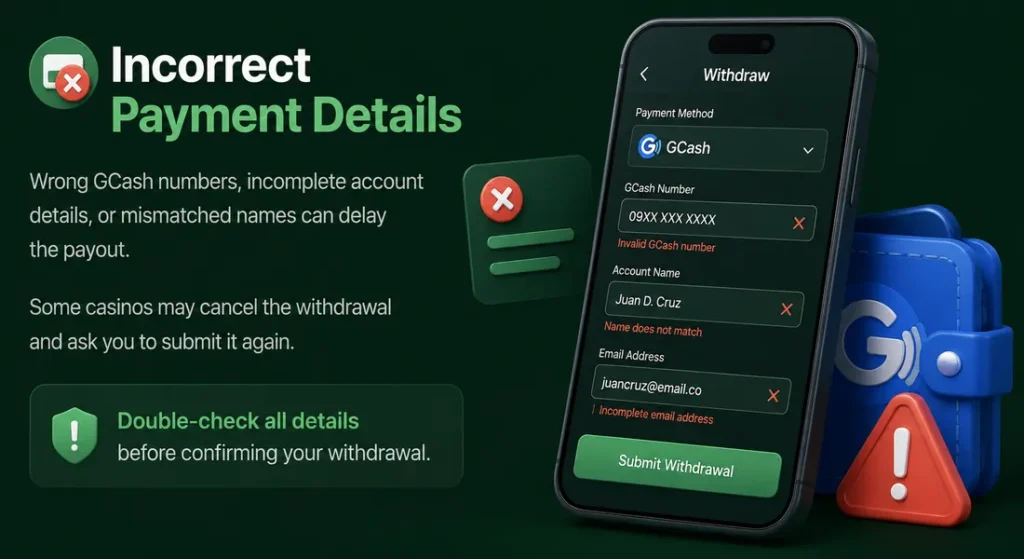 Incorrect GCash payment details that may delay or cancel an online casino withdrawal