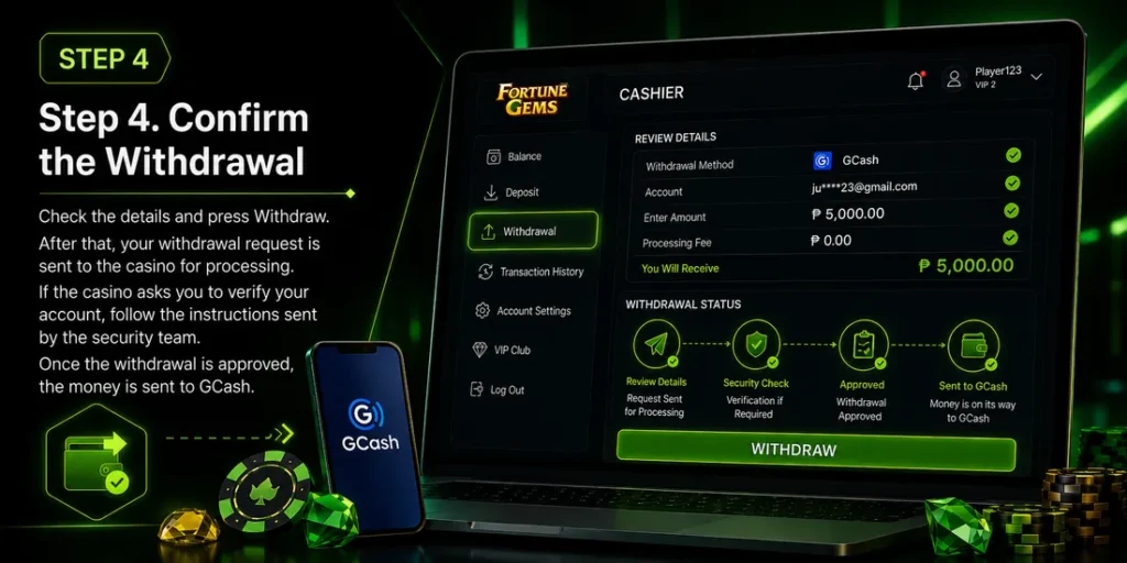 Confirm a Fortune Gems withdrawal and send winnings to GCash