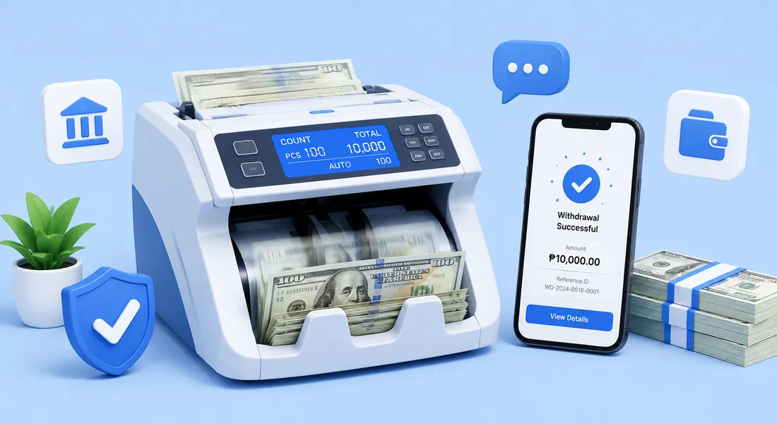 Money counting machine processing cash during a Fortune Gems withdrawal