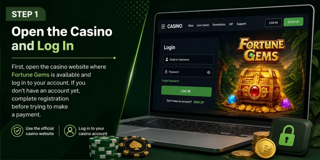 Fortune Gems GCash login step on a casino website shown on a laptop screen