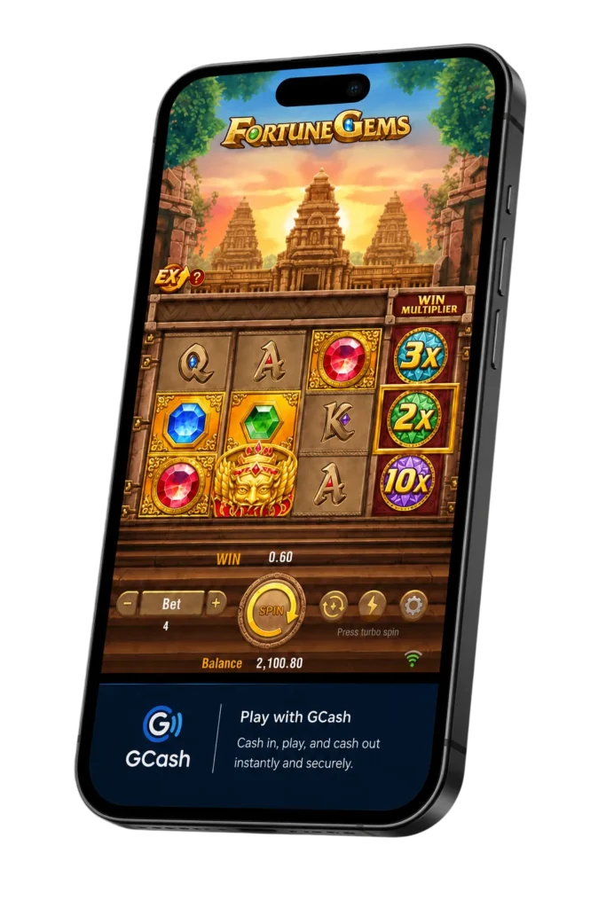 Fortune Gems slot on a smartphone with GCash payment option