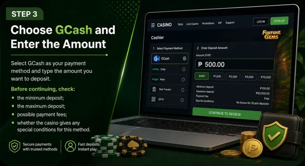 Fortune Gems GCash deposit amount selection with GCash chosen as the payment method
