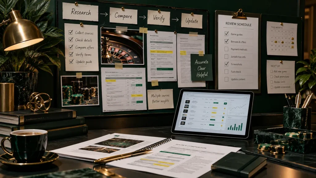 How We Test Fortune Gems research desk with source comparison notes and review materials